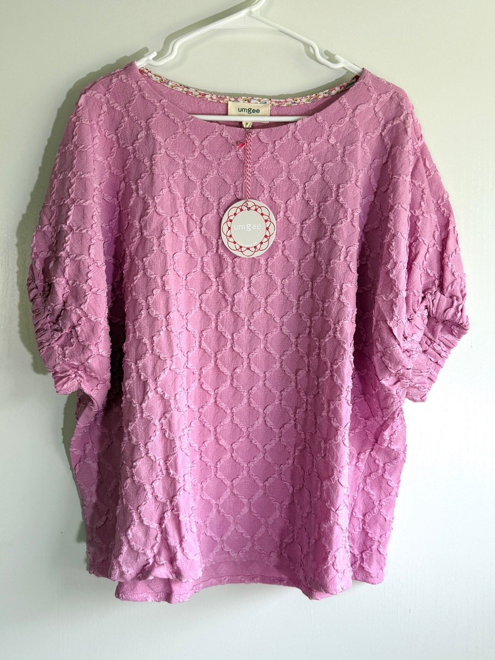 Umgee Pink Textured Knit Women's Top Blouse Puff Sleeve